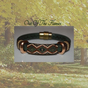 May include: A dark green leather bracelet with a beaded center section featuring a geometric pattern in shades of green, brown, and cream. The bracelet has copper-colored metal accents and a magnetic clasp. The text "Out Of The Flames" is in the background.
