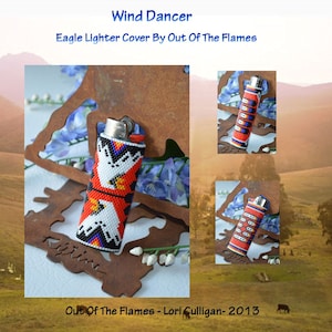 May include: A beaded eagle lighter cover with red, white, blue, and black beads. The cover is called "Wind Dancer" and is by "Out Of The Flames".