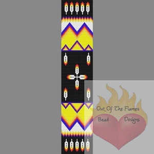 May include: A beaded pattern with a black background, yellow, orange, white, and blue geometric shapes. The pattern includes a stylized cross and feathers. The text "Out Of The Flames Bead Designs" is in the lower right corner.