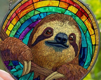 Könnte beinhalten: Runde Glasmalerei-Dekoration mit einem Faultier, das sich an einem Ast festhält. Das Faultier hat braunes Fell und große Augen. Ein Regenbogenbogen rahmt das Faultier ein. Die Dekoration hängt an einer silbernen Kette. Das Wort "NAME" steht unten.