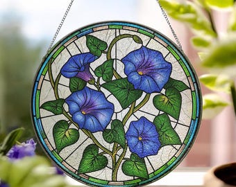 Morning Glory Flower Stained Glass Suncatcher, Morning Glory Ornament, Flower Window Hanging Decor, September Birth Month Gift ID-0225-K820