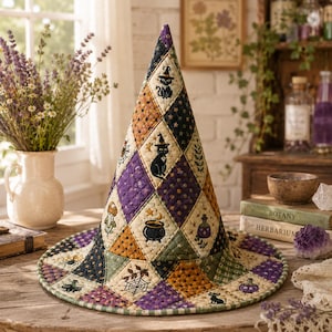 May include: A quilted witch hat featuring a diamond-patterned design with various embroidered motifs including black cats, cauldrons, potion bottles, spiderwebs, and mushrooms in shades of purple, orange, black, and cream with star accents.