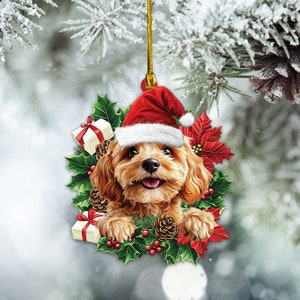 Cockapoo Dog Christmas Wreath Ornament, Cockapoo Dog Christmas Ornament, Cockapoo Dog Car Ornament, Dog Lovers Holiday Gift TD-1015-GPMQ