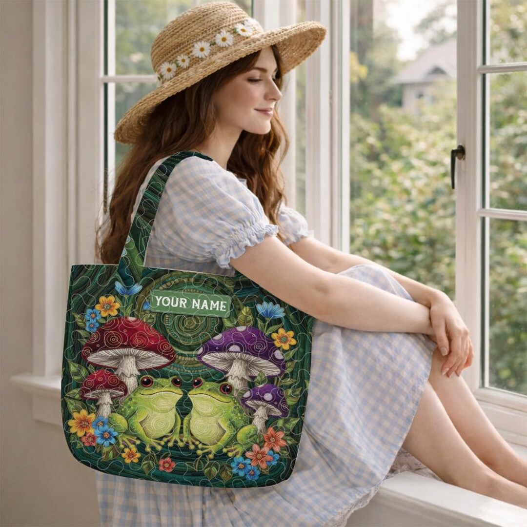 Toad Handbag Personalized Frog Mushroom Quilted Tote Bag Cottagecore Shoulder Purse ...