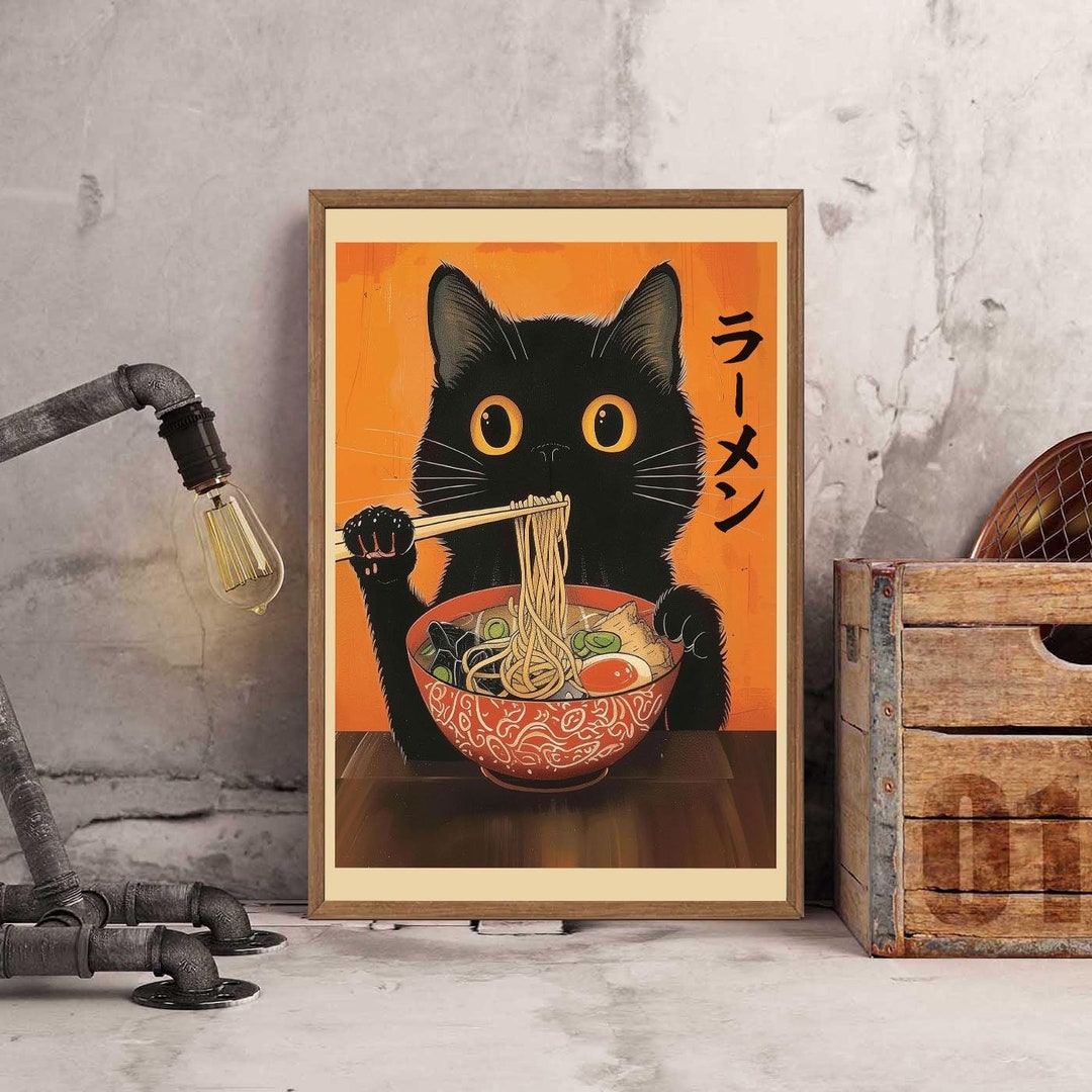 Cat Eating Ramen Poster, Cat Eating Ramen Wall Art, Cat Art Print ...