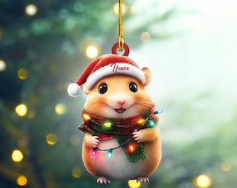 May include: A Christmas ornament featuring a cute hamster wearing a Santa hat and a red and green scarf with colorful lights. The ornament has the word "Name" written on it.