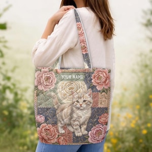 Personalized Kitten Quilted Tote Bag, Floral Patchwork Cat Handbag, Peony Rose Purse, Pet Animal Lovers Gift For Cat Mom Daily TD-0611-Y96R