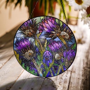 Purple Thistles Stained Glass Suncatcher, Window Hanging Flower Lover&#39;s Gift, Mother’s Day Gift, Kitchen & Grandma Decor Gift ID-0327-2ESY
