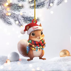 May include: A Christmas ornament featuring a cartoon squirrel wearing a red Santa hat with the word "Name" on it. The squirrel is holding a string of colorful lights and is wearing a red and green plaid scarf.