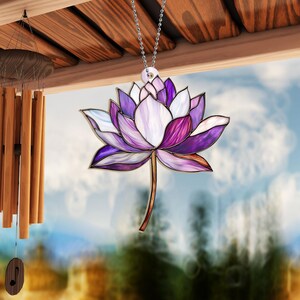 Purple Lotus Flowers Suncatcher, Purple Lotus Sun Light Catcher, Flower Acrylic Window Hanging Decor, Lotus Flowers Ornament ID-1107-JI9Z