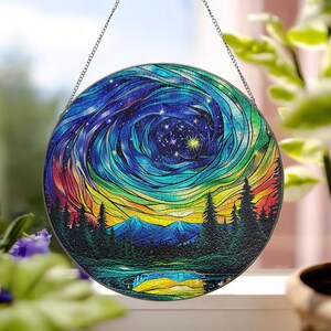 Northern Lights Suncatcher, Northern Lights Decor Aurora Borealis Glass Suncatcher, Forest Aurora Suncatcher, Nature Lover Gift ID-0312-IGUS