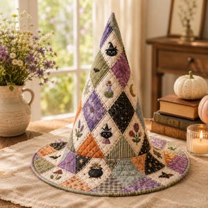 Quilted Witch Hat Whimsical Halloween Costume Patchwork Wizard Cap Fairycore Cosplay Prop Lavender Magic Potions Celestial Floral Thwh-53