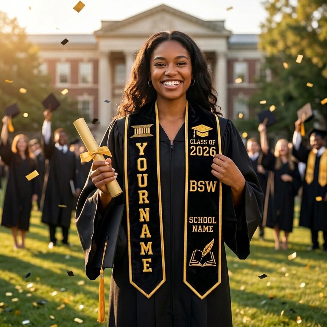 Personalized BSW MSW Black Kente Embroidered Graduation Stole, Social ...