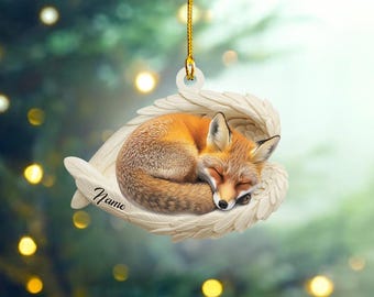 パグ Personalized Fox Sleeping Angel Wings Ornament, Fox Christmas
