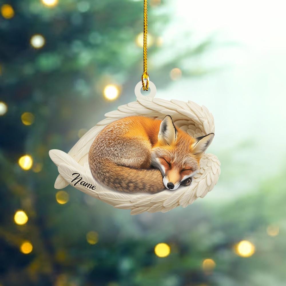 Personalized Fox Sleeping Angel Wings Ornament, Fox Christmas