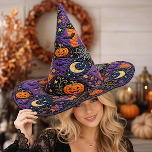 Patchwork Quilted Witch Hat Halloween Costume Fabric Black Cat Ghost Pumpkin Pattern Wizard Cap Wiccan Cosplay Spooky Party Gift Thwh-14
