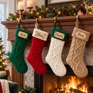 Personalized Christmas Stockings, Custom Engraved Leather Patch Name Sock, Family Holiday Mantel Decor, Rustic Knitted First Xmas Gift Thpw
