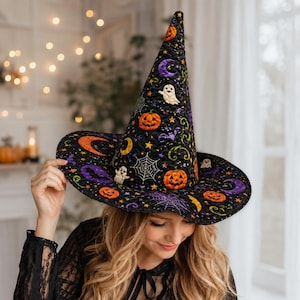 Patchwork Quilted Witch Hat Halloween Costume Fabric Black Cat Ghost Pumpkin Pattern Wizard Cap Wiccan Cosplay Spooky Party Gift Thwh-15