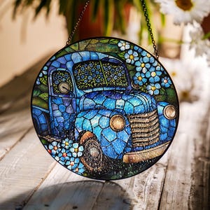 Forget Me Not Flower Truck Glass Suncatcher, Memory Mother's Day Gift for Mom, Blue Floral Sun Catcher Ornament ID-0414-KABN