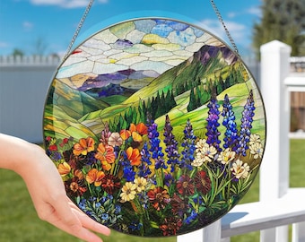 Mountain Wildflower Suncatcher Stained Glass Window Hanging Nature Art, Lover Window Hanging, Mountain Wildflower Gift For Mom ID-0729-FMR1