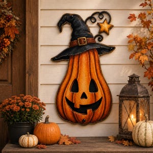 May include: A wall-mounted metal jack-o'-lantern decoration featuring a tall orange pumpkin wearing a black witch hat with a brown buckle and a small gold star accent. The pumpkin has cut-out eyes and a wide, smiling mouth with one tooth.