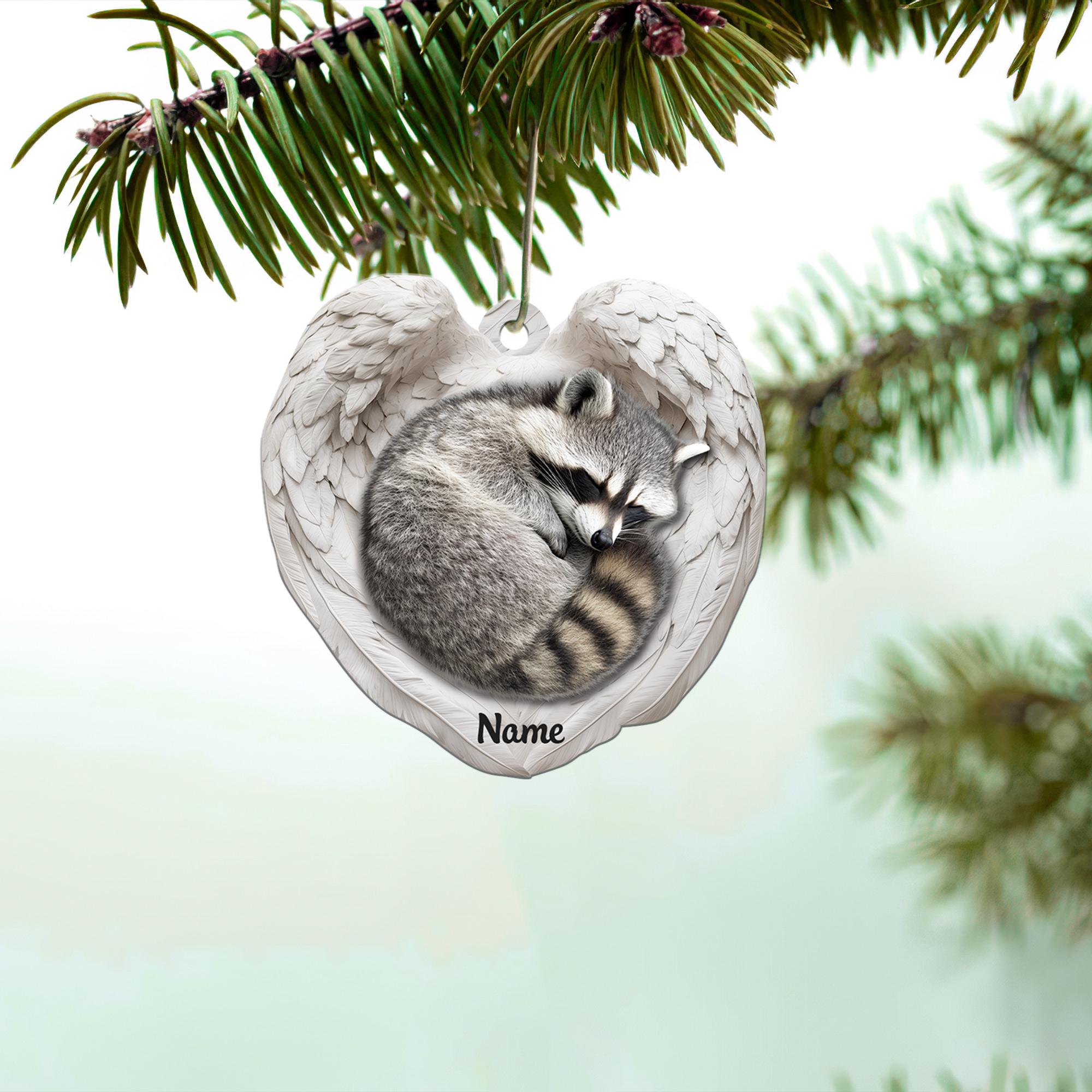 Personalized Raccoon Sleeping Angel Wings Ornament, Raccoon Christmas ...