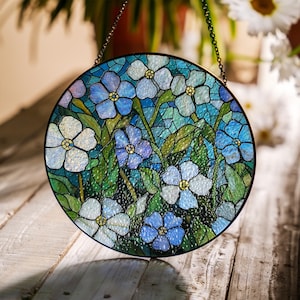 Forget Me Not Botanical Stained Glass Suncatcher, Memorial Sympathy Window Hanging Decor, Mothers Day Present For Mom, Grandma ID-0331-6RJO