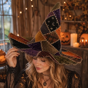 Quilted Witch Hat, Patchwork Halloween Costume Accessory, Spooky Black Cat Pumpkin Wizard Cap, Whimsical Cosplay Party Prop Gift Thwh-25