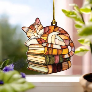 Cat Sleeping on Books Suncatcher, Cat Sleeping on Books Hanging Decor, Cat Decor, Pet Gift, Hanging Ornament Home Decor ID-0824-JG9C