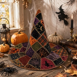 Quilted Witch Hat Patchwork Halloween Costume Accessory Spooky Fabric Cap Black Cat Pumpkin Cosplay Party Prop Festival Wear Women Thwh-27