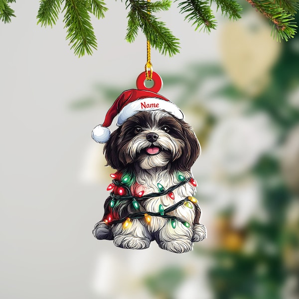 Personalized Havanese Dog Christmas Lights Ornament, Havanese Dog Ornament Gift, Havanese Dog Rearview Mirror Car Ornament TD-1008-1QTR