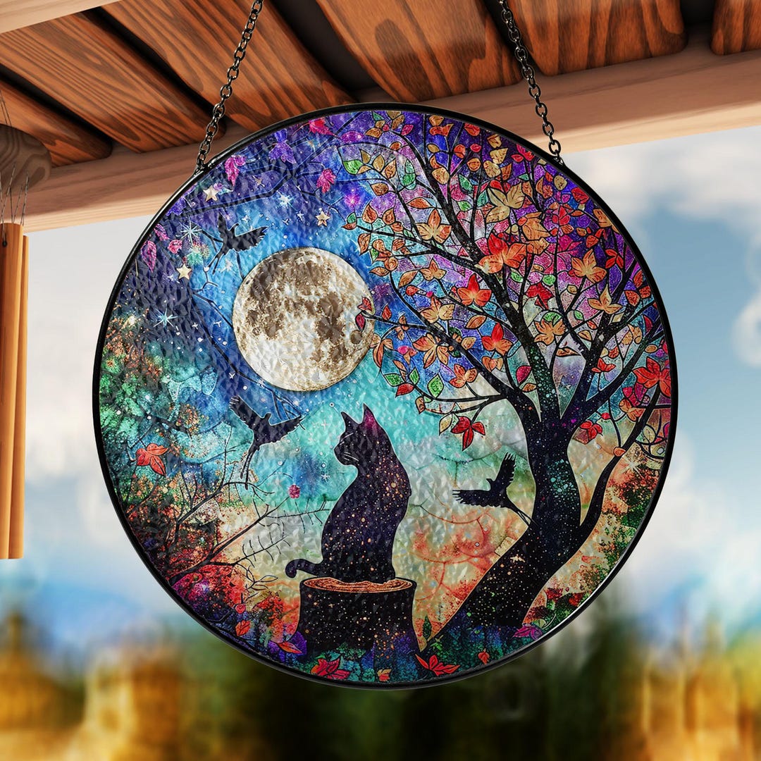 Black Cat With Moon Suncatcher, Stained Glass Not Acrylic Suncatcher ...