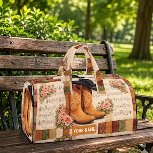 Personalized Western Cowboy Boot Quilted Weekend Bag Floral Rose Music Overnight Duffel Country Travel Luggage Patchwork Tote TD-0606-9GHX