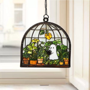 Lindo fantasma en invernadero Atrapasol de Halloween, lindo fantasma para colgar en la ventana, lindo adorno colgante de fantasma para decoración del hogar ID-0916-0P5V