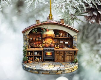 Könnte beinhalten: Ein Miniatur-Küchen-Anhänger mit einer Backsteinfassade, einem Holzofen und einer Stein-Arbeitsplatte. Die Küche ist mit rustikalen Details dekoriert, darunter ein Hängeregal für Töpfe, ein Holzschrank und ein Fenster mit Blick auf einen Garten.