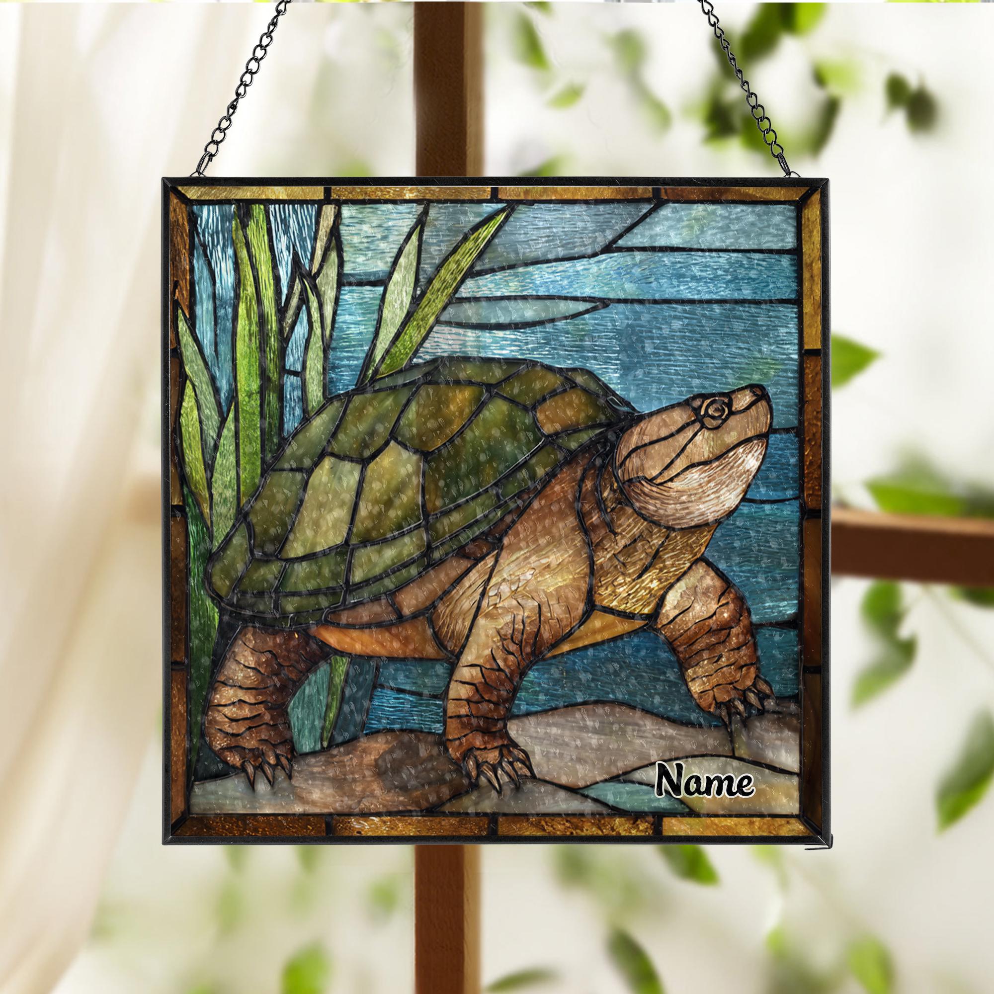 Personalized Snapping Turtle Suncatcher, Custom Name Reptile Window Hanging, Swamp Wildlife Art, Turtle Lover Gift ID-0212-ZXFG
