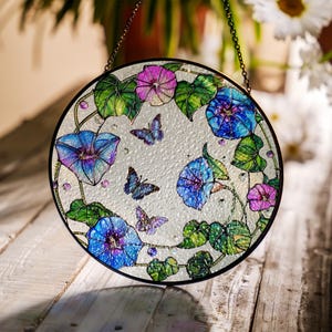 Hummingbird & Morning Glory Stained Glass Suncatcher Nature-Inspired Window Hanging Decor, Perfect Gift for Bird Flower Lovers ID-0325-7FUP
