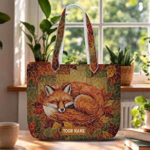 Personalized Sleeping Fox Quilted Tote Bag Autumn Fall Leaves Shoulder Purse Woodland Animal Handbag Nature Lovers Travel Gift TD-0330-BKMT