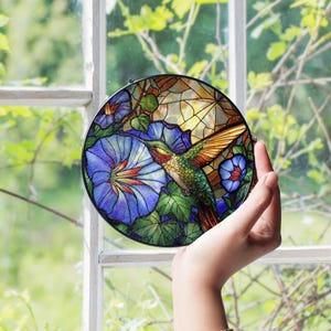 Hummingbird & Morning Glory Stained Glass Suncatcher, Nature-Inspired Hanging Decor, Perfect Gift for Bird and Flower Lovers ID-0325-SATJ