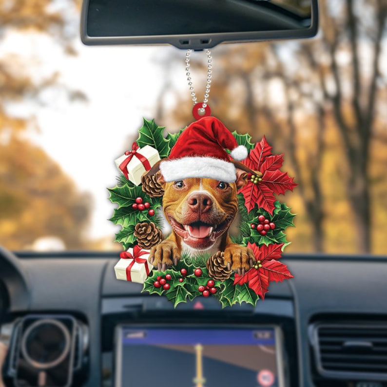 Pitbull Dog Christmas Wreath Ornament, Pit Bull Dog Christmas Ornament