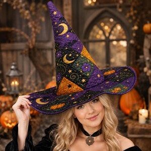 May include: A quilted witch hat featuring a patchwork design in purple, orange, and black. The fabric is decorated with embroidered yellow crescent moons, stars, purple flowers, and orange pumpkins, with a wide brim and a tall, pointed crown.