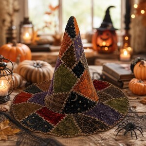 May include: A conical witch hat constructed from patchwork fabric squares in shades of orange, purple, green, and black. The fabric features patterns of moons, stars, and spiderwebs, with visible light-colored cross-stitching joining each panel.