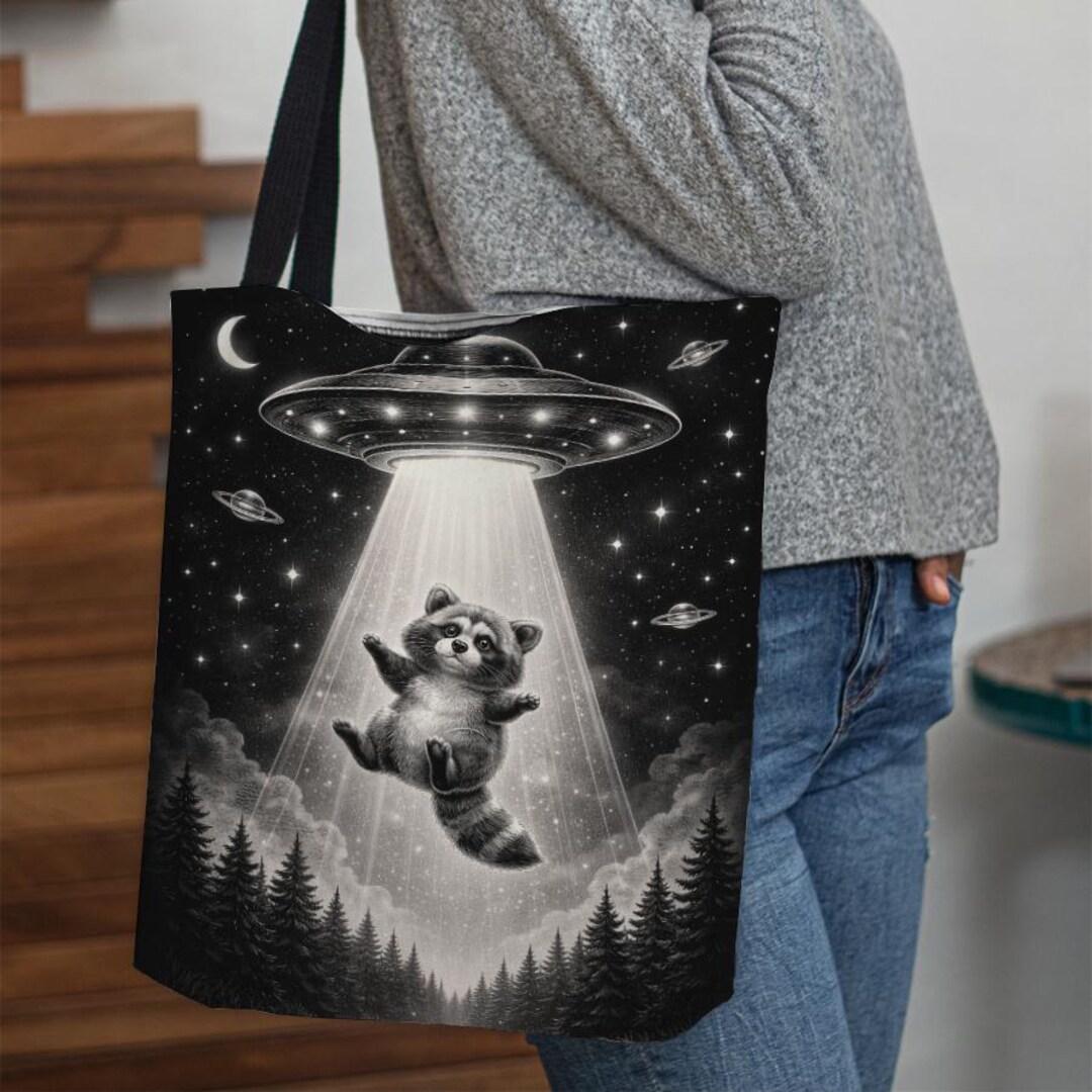 Personalized Funny Raccoon UFO Abduction Tote Bag Sci-fi Alien Shoulder ...