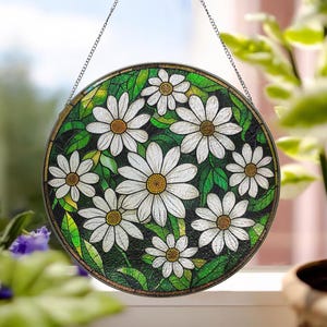 Stained Glass Daisy Flowers Suncatcher, Daisy Floral Windows Hanging, Daisy Blooms Light Catcher, April Birth Month Flowers ID-0314-SFWJ