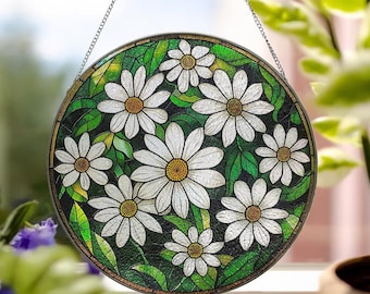 Stained Glass Daisy Flowers Suncatcher, Daisy Floral Windows Hanging, Daisy Blooms Light Catcher, April Birth Month Flowers ID-0314-SFWJ