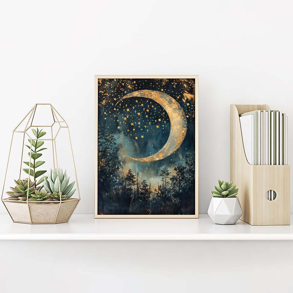 Crescent Moon in Starry Night Sky Poster, Moon Night Sky Wall Art ...