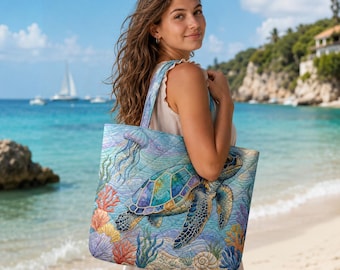 Quilted Sea Turtle Tote Bag Coastal Ocean Marine Life Shoulder Purse Mandala Floral Summer Beach Shopper Travel Animal Lover Gift Thqtb-2