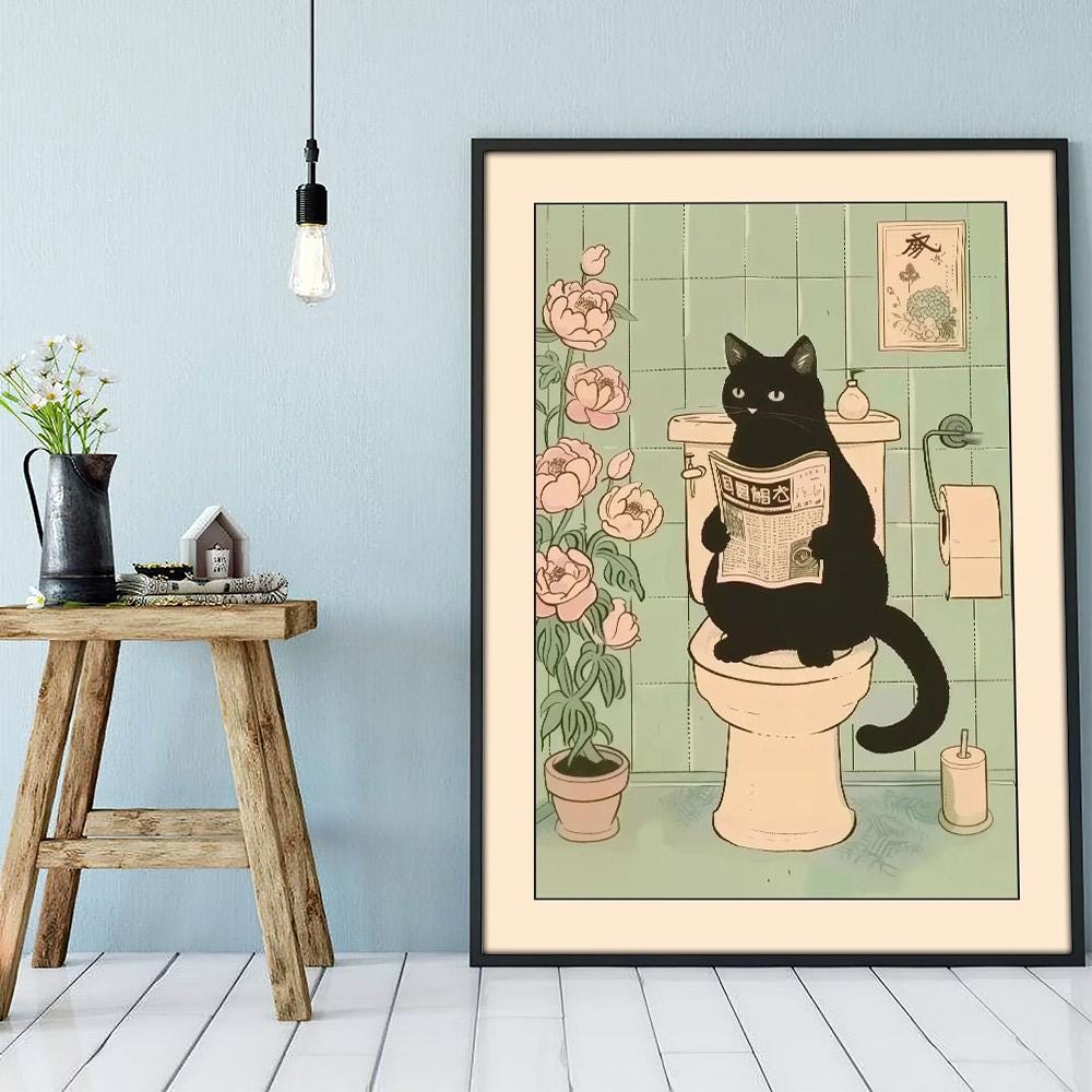 Black Cat on Toilet Poster, Cat in Toilet Wall Art, Cat Art Print ...
