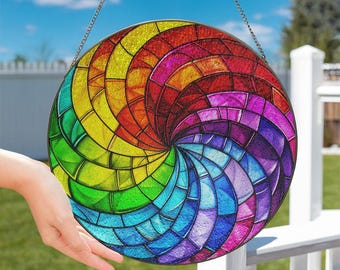 Rainbow Spiral Stained Glass Suncatcher, Window Hanging Decor, Rainbow Spiral Sun Catcher Decor, Geometric Spiral Wall Decor ID-0221-SCZ8