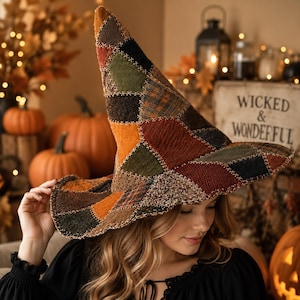 Quilted Witch Hat, Patchwork Halloween Costume Accessory, Spooky Black Cat Pumpkin Wizard Cap, Whimsical Cosplay Party Prop Gift Thwh-23